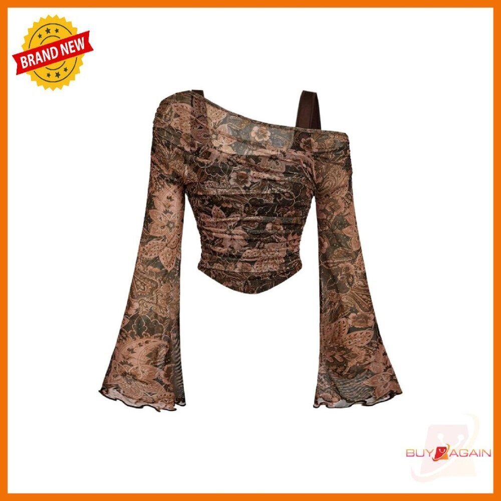 Paisley Print Mesh Bell Sleeve Ruched Crop Top Size M